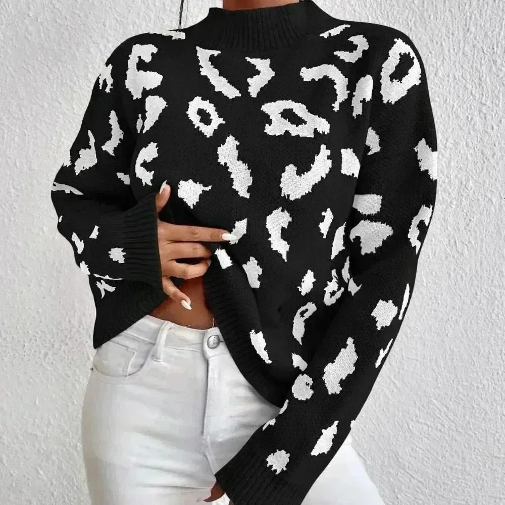Black Casual Womens Leopard Pattern Mock Neck Drop Shoulder Sweater